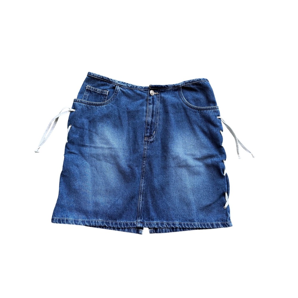 Mickey & Sarah Vintage Denim Mini Skirt Blue Lace Up Sides Y2K Size 9/10